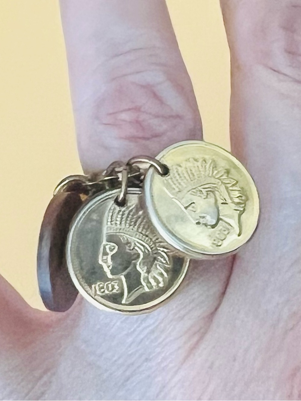 Vintage coin ring adjustable size gold tone Indian head design with round wood